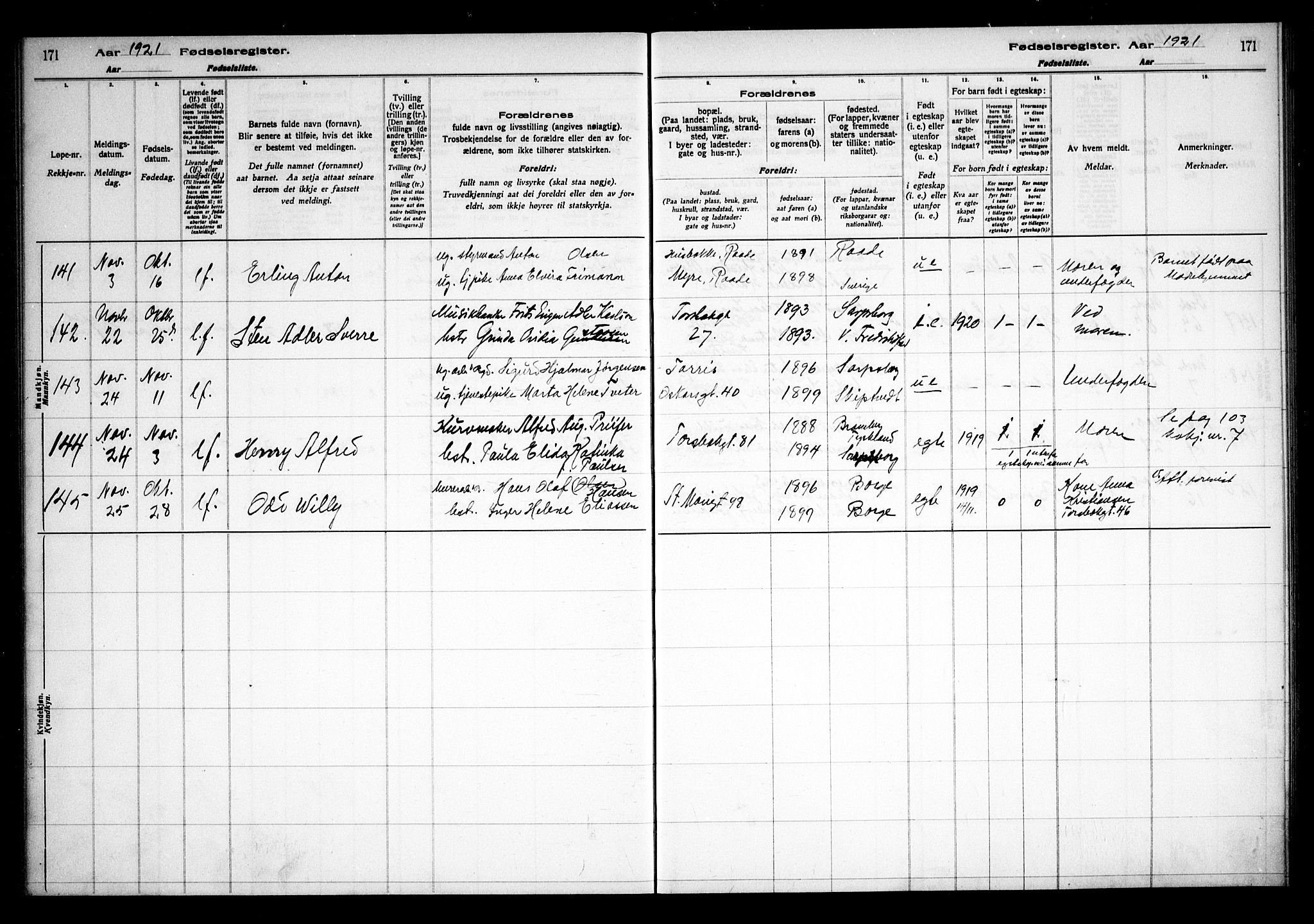 Sarpsborg prestekontor Kirkebøker, AV/SAO-A-2006/J/Ja/L0001: Fødselsregister nr. 1, 1916-1922, s. 171