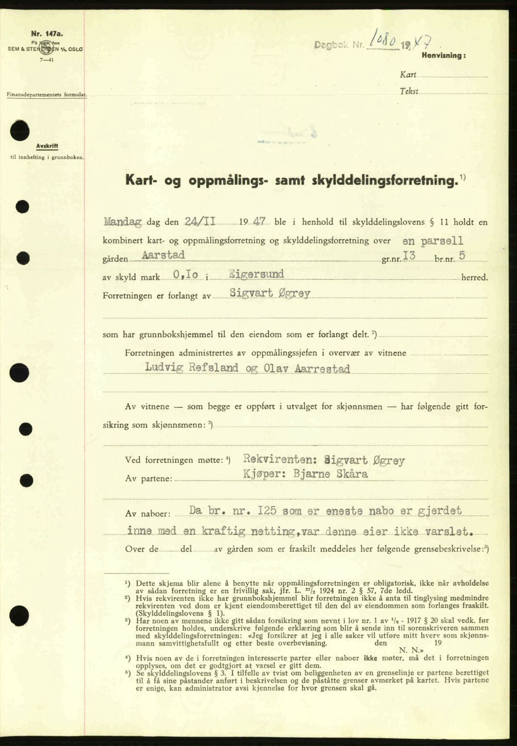 Dalane sorenskriveri, SAST/A-100309/02/G/Gb/L0051: Pantebok nr. A11, 1947-1948, Dagboknr: 1080/1947