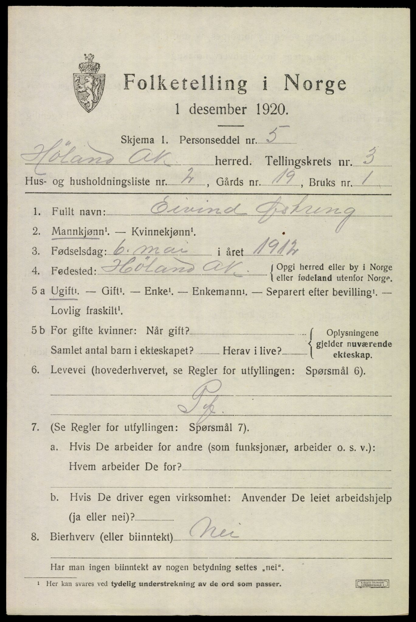 SAO, Folketelling 1920 for 0221 Høland herred, 1920, s. 5065
