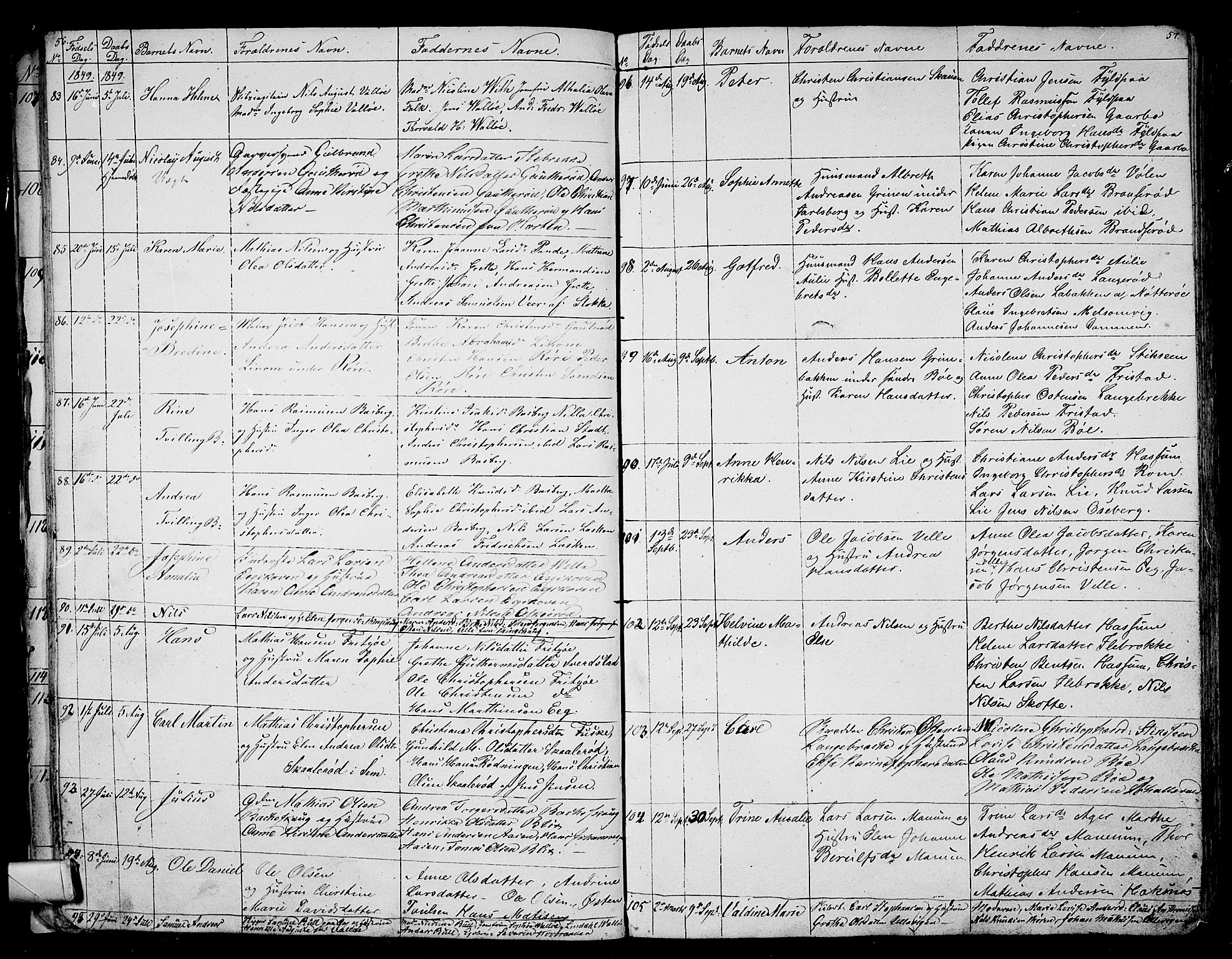 Sem kirkebøker, AV/SAKO-A-5/G/Ga/L0003: Klokkerbok nr. I 3, 1844-1855, s. 56-57