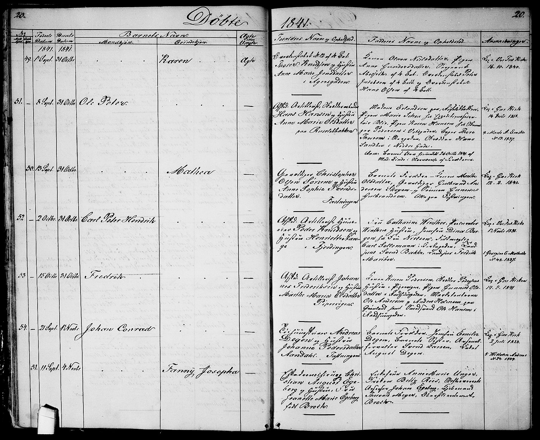 Garnisonsmenigheten Kirkebøker, AV/SAO-A-10846/G/Ga/L0005: Klokkerbok nr. 5, 1841-1860, s. 20