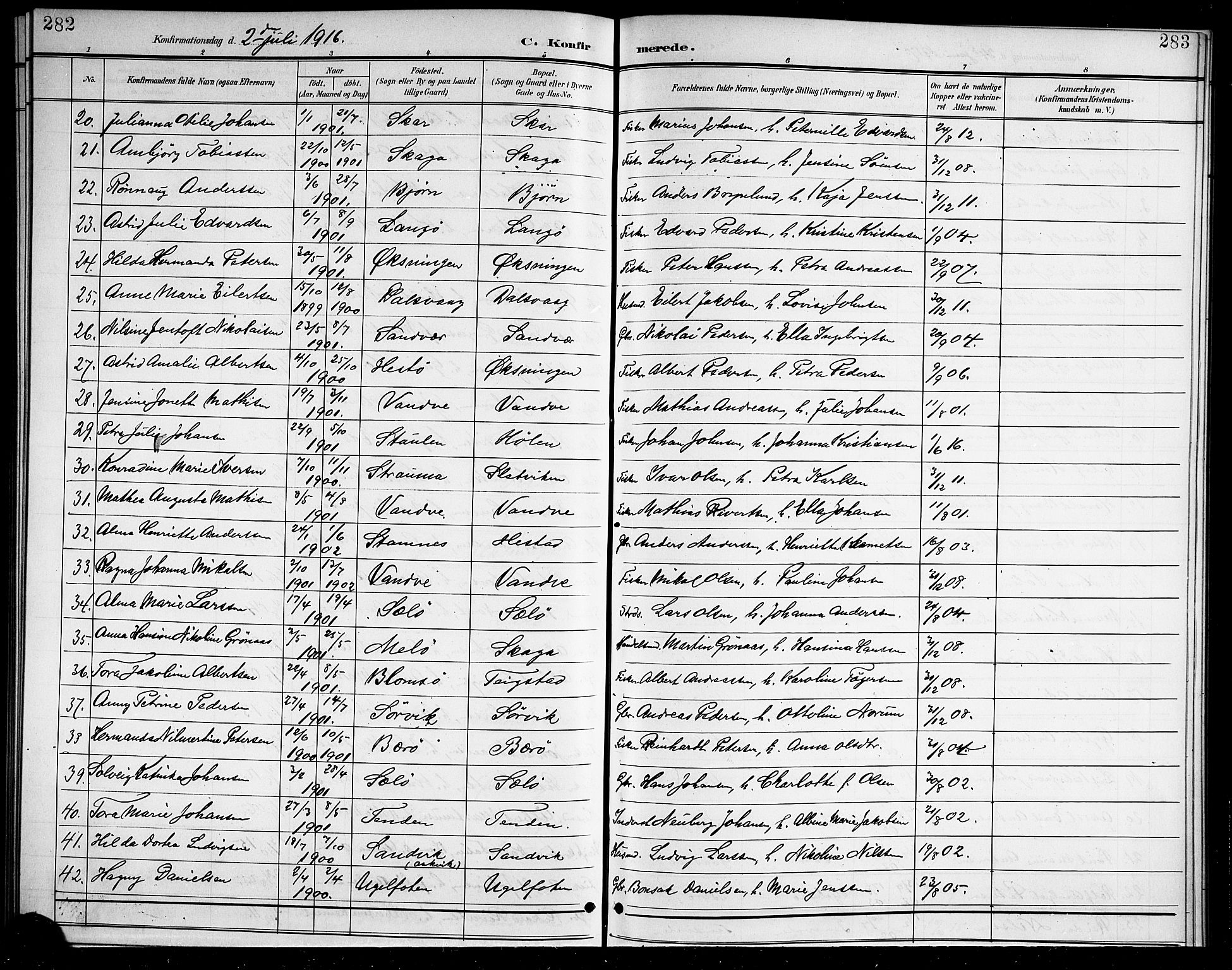 Ministerialprotokoller, klokkerbøker og fødselsregistre - Nordland, AV/SAT-A-1459/834/L0516: Klokkerbok nr. 834C06, 1902-1918, s. 282-283