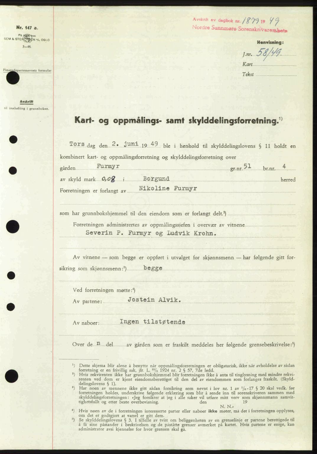 Nordre Sunnmøre sorenskriveri, SAT/A-0006/1/2/2C/2Ca: Pantebok nr. A32, 1949-1949, Dagboknr: 1879/1949