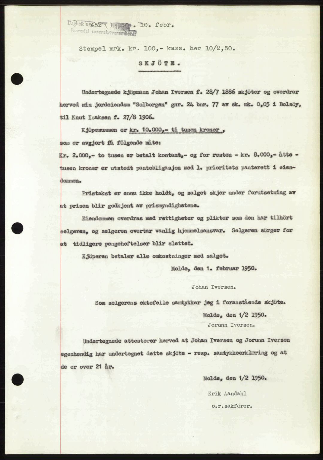 Romsdal sorenskriveri, SAT/A-4149/1/2/2C: Pantebok nr. A32, 1950-1950, Dagboknr: 452/1950