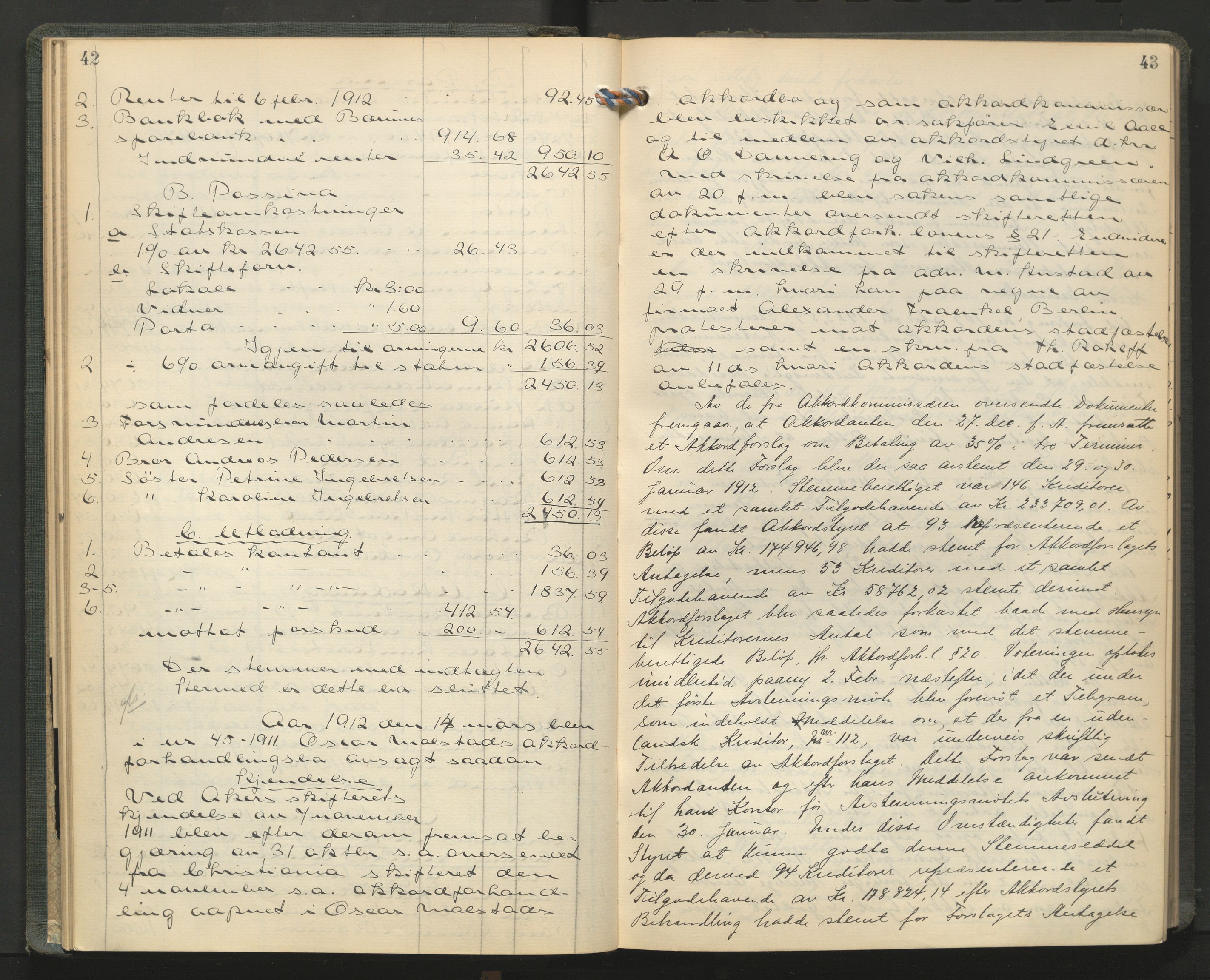 Aker kriminaldommer, skifte- og auksjonsforvalterembete, AV/SAO-A-10452/H/He/L0004: Utlodningsprotokoll, 1911-1915, s. 42-43