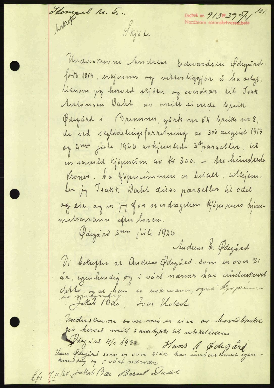 Nordmøre sorenskriveri, SAT/A-4132/1/2/2Ca: Pantebok nr. A86, 1939-1939, Dagboknr: 913/1939