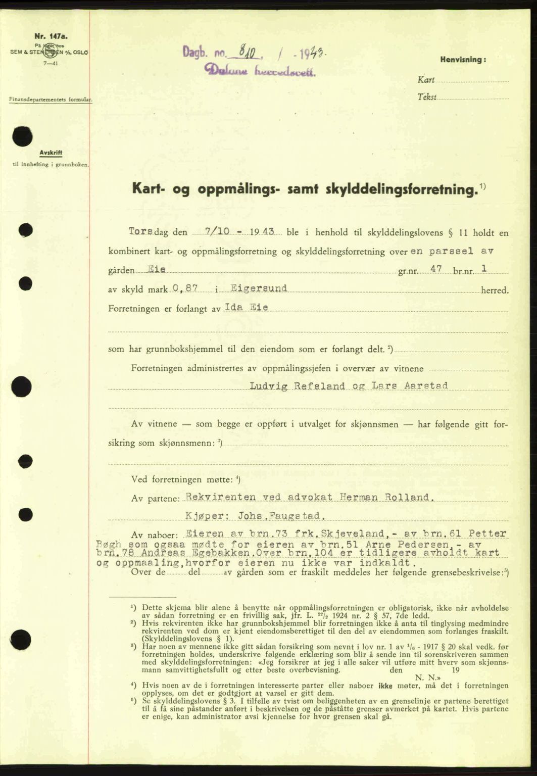 Dalane sorenskriveri, SAST/A-100309/02/G/Gb/L0046: Pantebok nr. A7, 1942-1943, Dagboknr: 810/1943