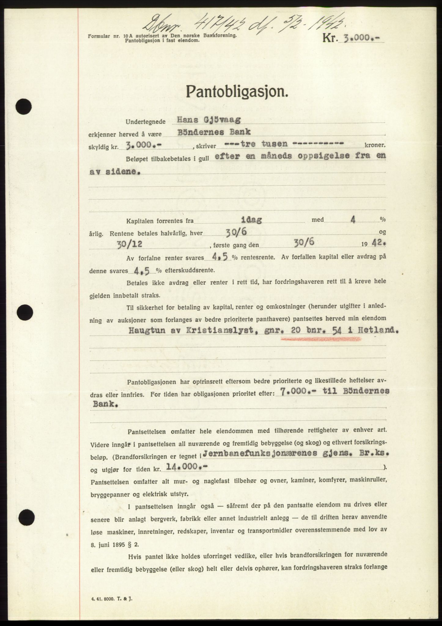 Jæren sorenskriveri, SAST/A-100310/03/G/Gba/L0082: Pantebok, 1942-1942, Dagboknr: 417/1942