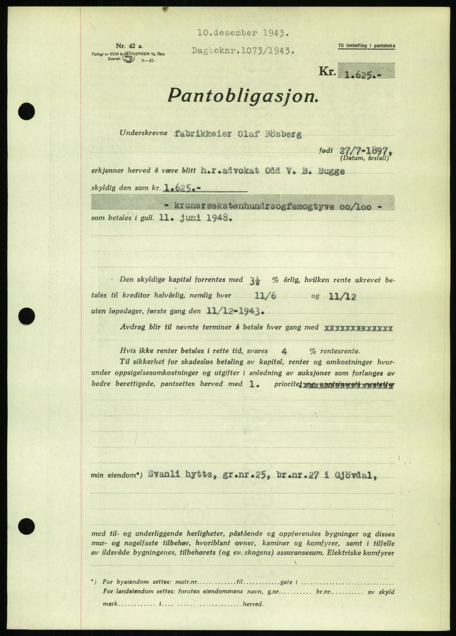 Nedenes sorenskriveri, SAK/1221-0006/G/Gb/Gbb/L0002: Pantebok nr. II, 1942-1945, Dagboknr: 1073/1943