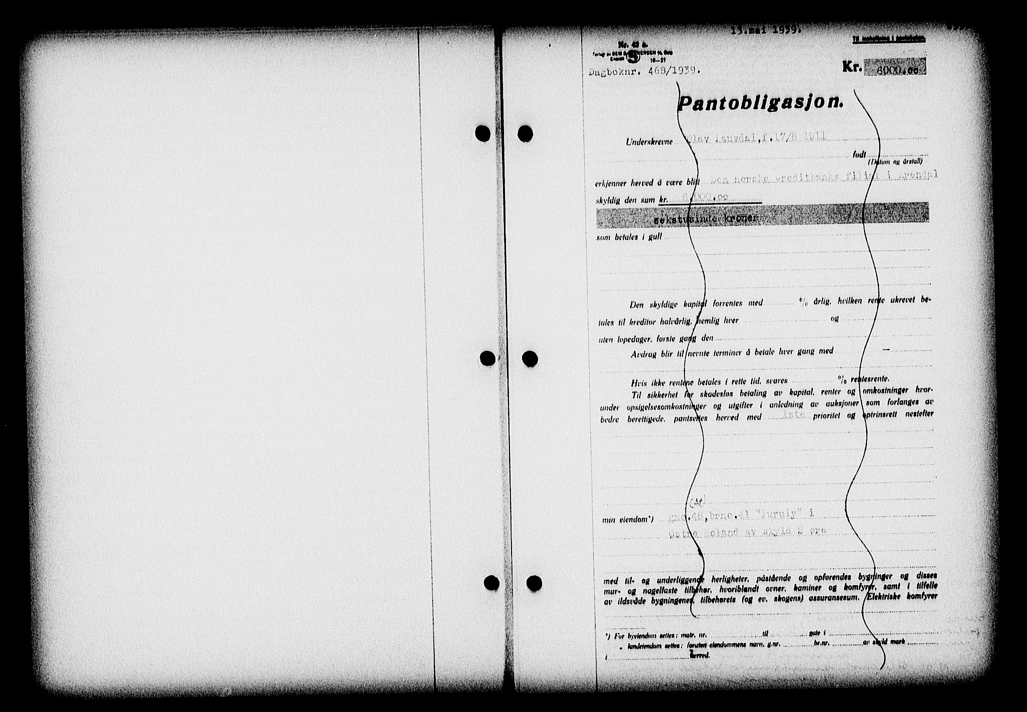 Nedenes sorenskriveri, AV/SAK-1221-0006/G/Gb/Gba/L0046: Pantebok nr. 42, 1938-1939, Dagboknr: 468/1939