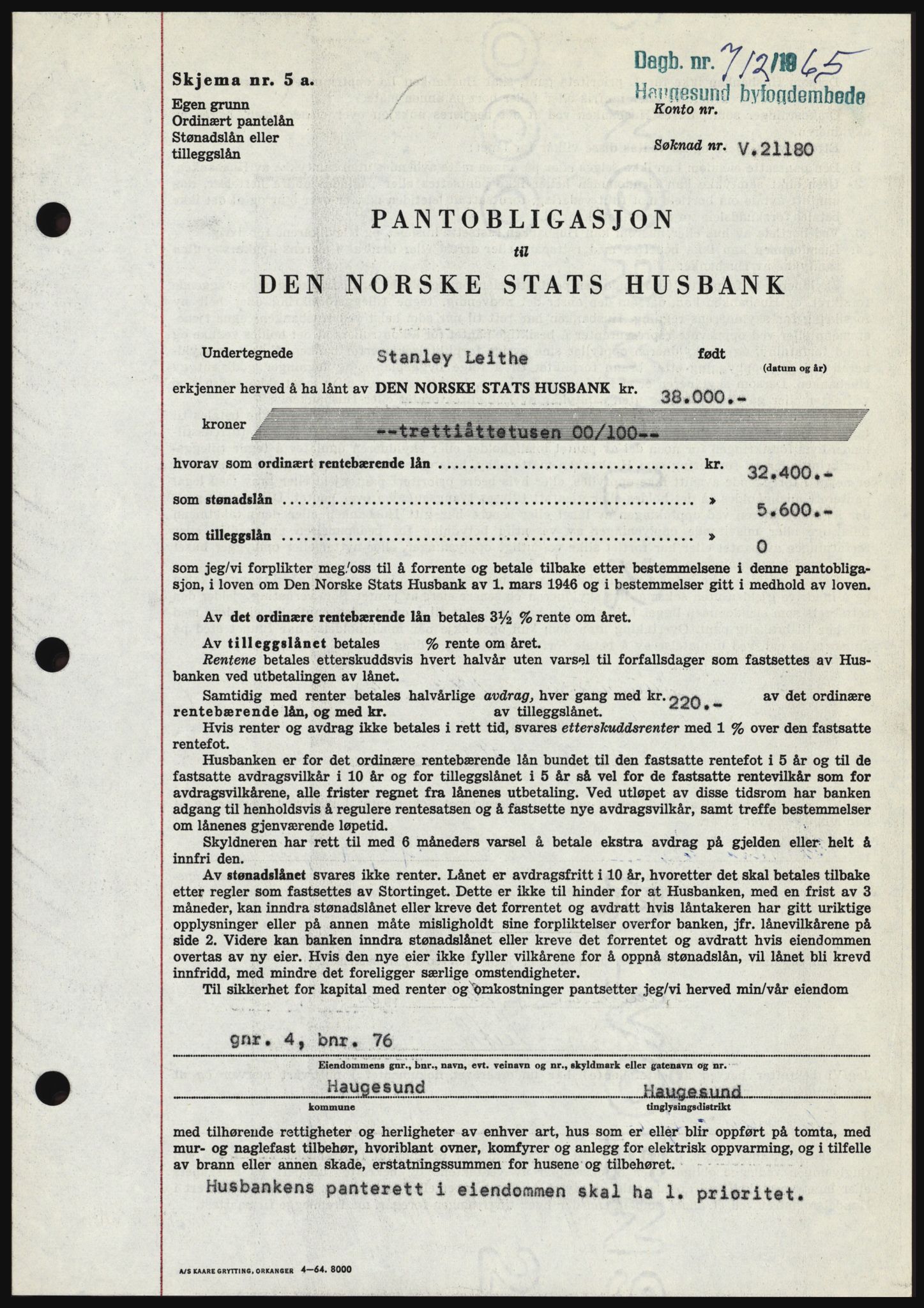 Haugesund tingrett, SAST/A-101415/01/II/IIC/L0053: Pantebok nr. B 53, 1965-1965, Dagboknr: 712/1965