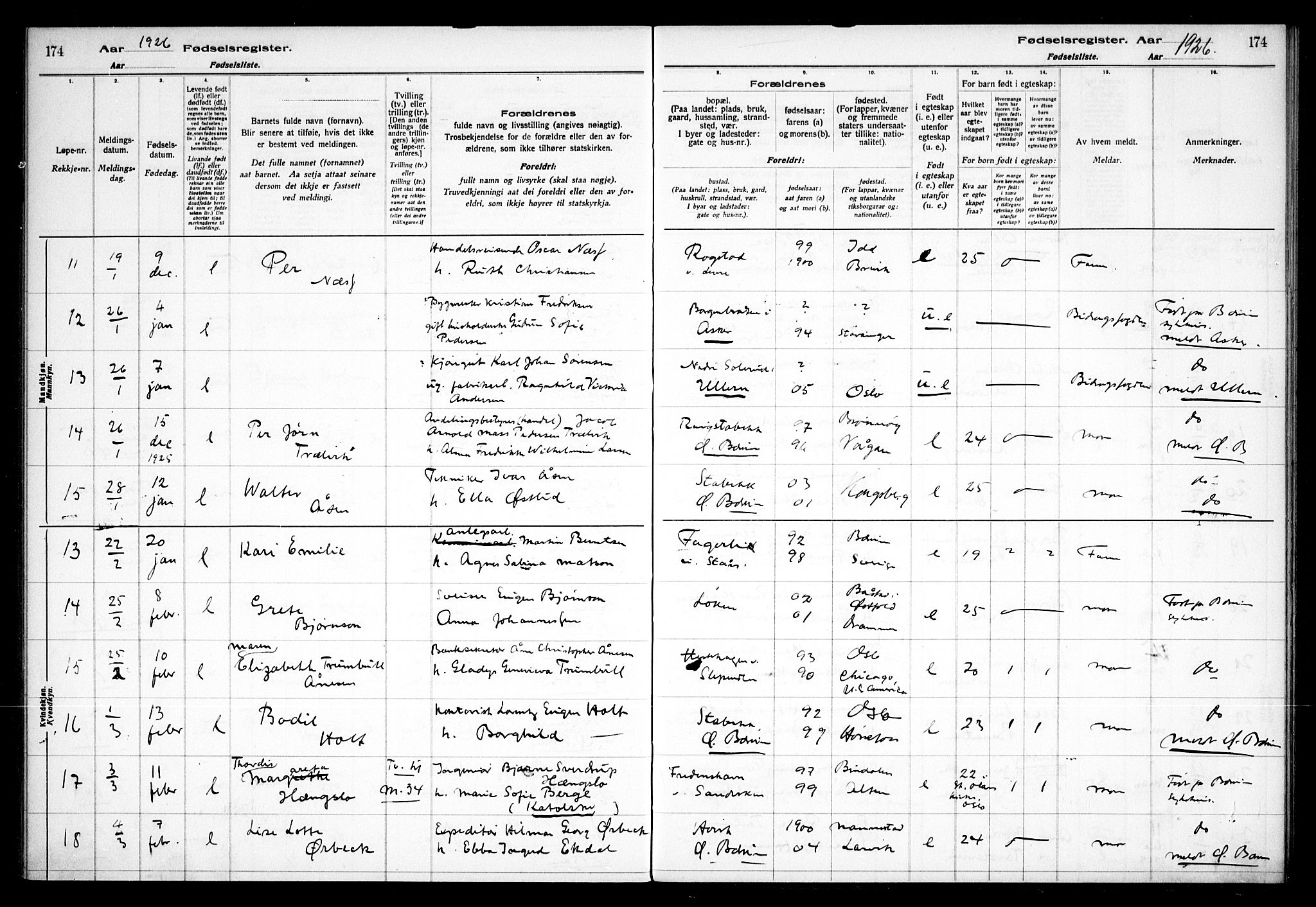 Vestre Bærum prestekontor Kirkebøker, AV/SAO-A-10209a/J/L0001: Fødselsregister nr. 1, 1916-1926, s. 174