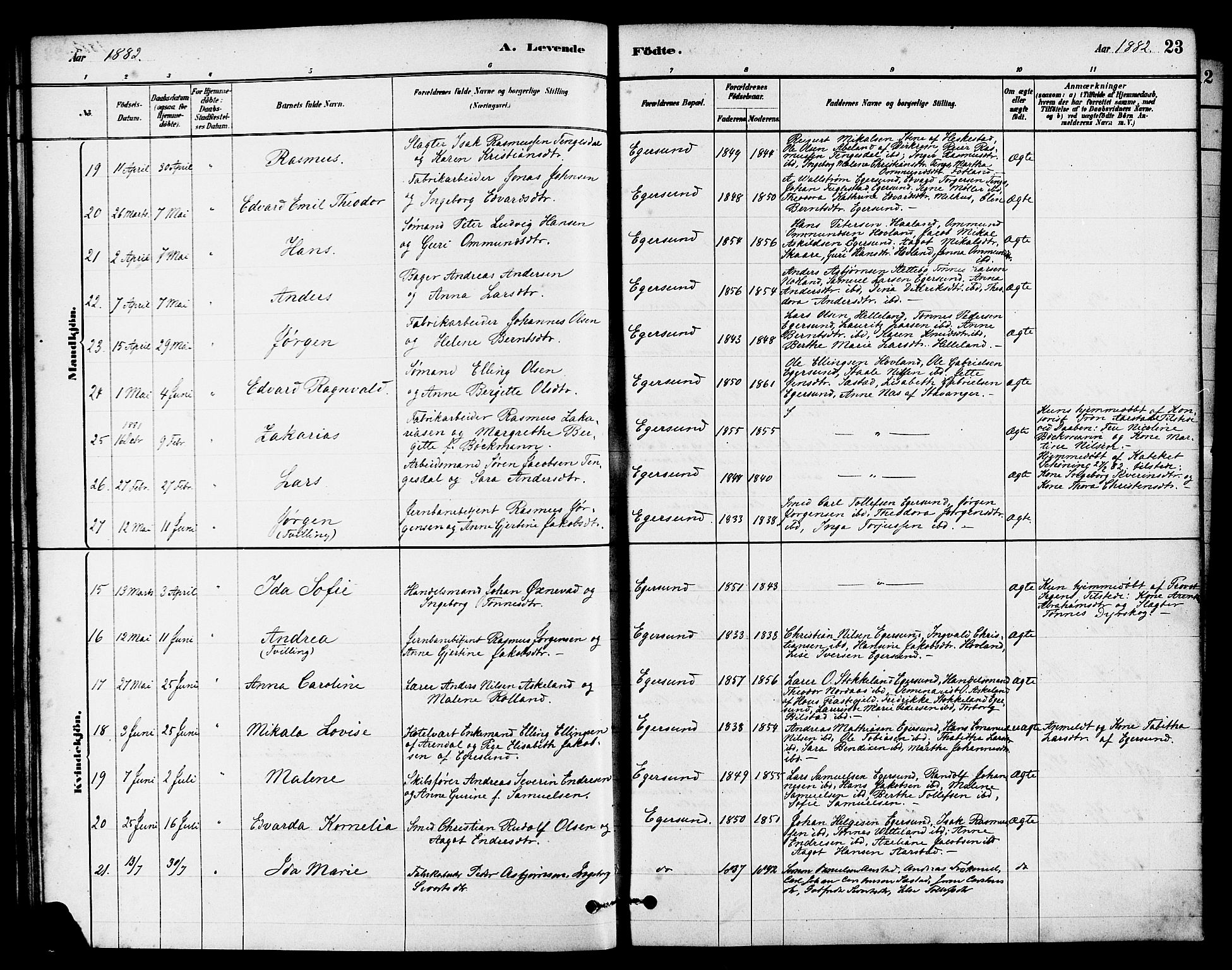 Eigersund sokneprestkontor, AV/SAST-A-101807/S08/L0015: Ministerialbok nr. A 15, 1879-1892, s. 23
