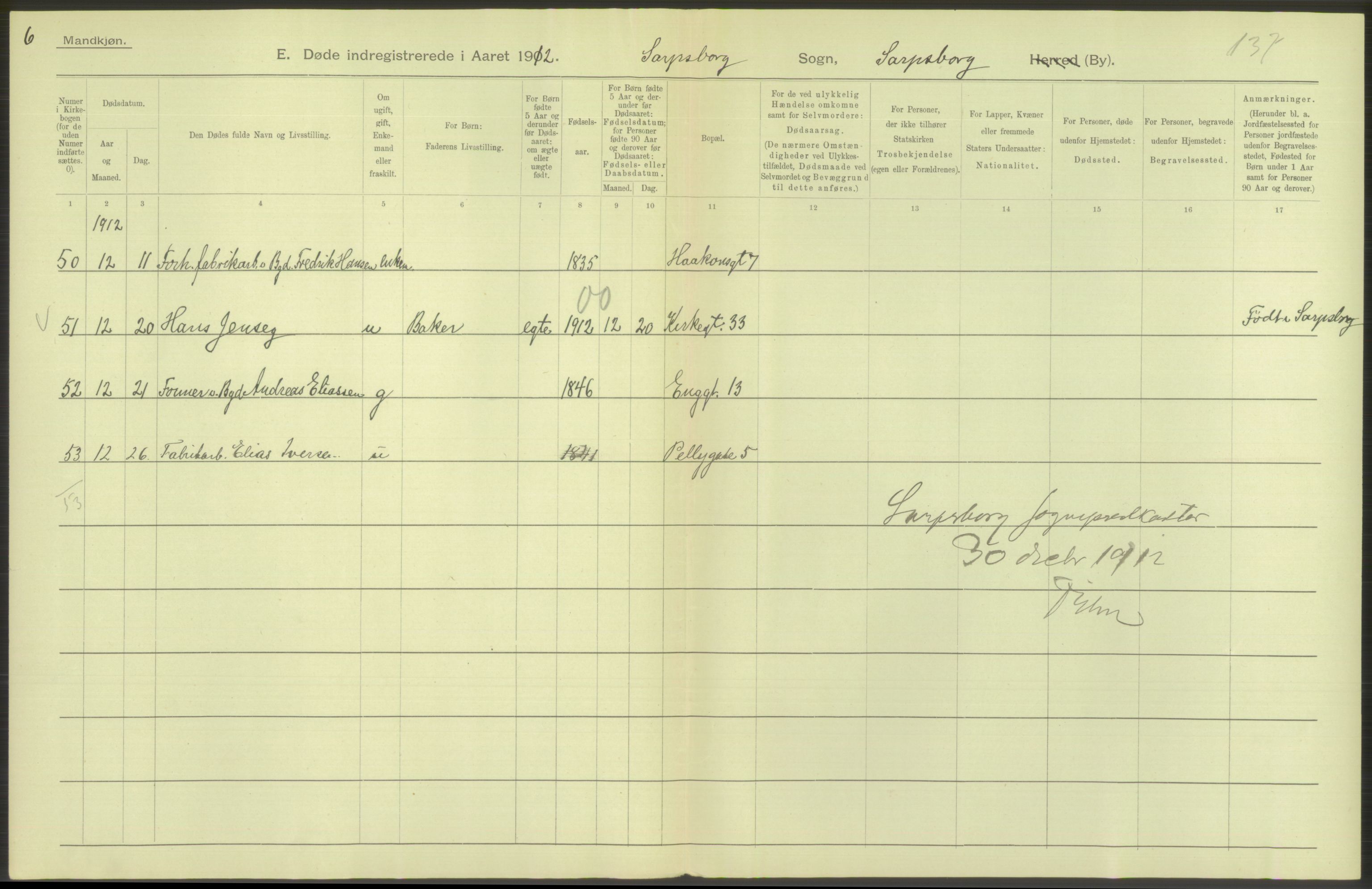 Statistisk sentralbyrå, Sosiodemografiske emner, Befolkning, AV/RA-S-2228/D/Df/Dfb/Dfbb/L0003: Smålenenes amt:  Døde. Bygder og byer., 1912, s. 42