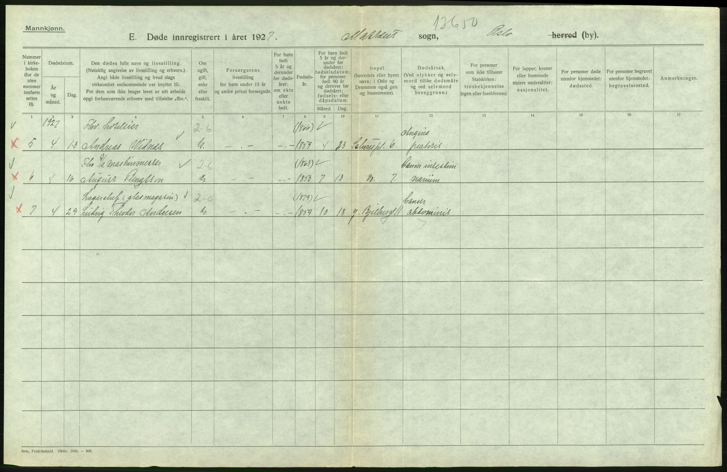 Statistisk sentralbyrå, Sosiodemografiske emner, Befolkning, RA/S-2228/D/Df/Dfc/Dfcg/L0009: Oslo: Døde menn, 1927, s. 306