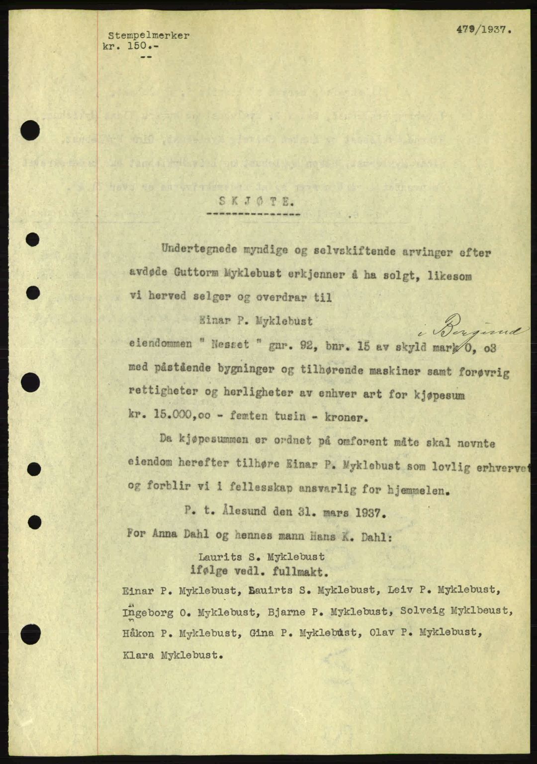 Nordre Sunnmøre sorenskriveri, SAT/A-0006/1/2/2C/2Ca: Pantebok nr. A2, 1936-1937, Dagboknr: 479/1937