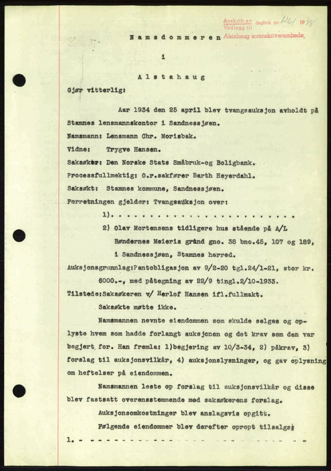 Alstahaug sorenskriveri, SAT/A-1009: Pantebok nr. A3, 1937-1938, Dagboknr: 1261/1938