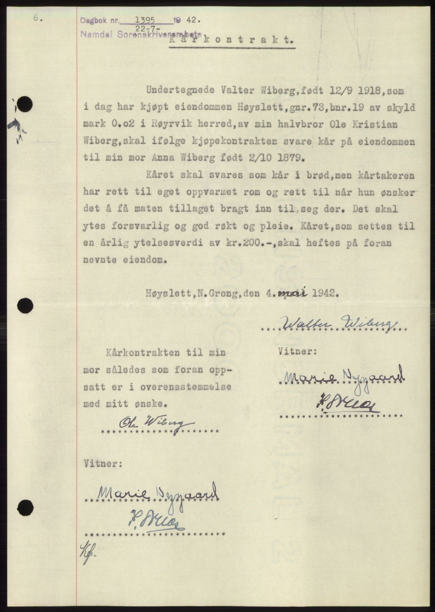 Namdal sorenskriveri, SAT/A-4133/1/2/2C: Pantebok nr. -, 1942-1943, Dagboknr: 1395/1942
