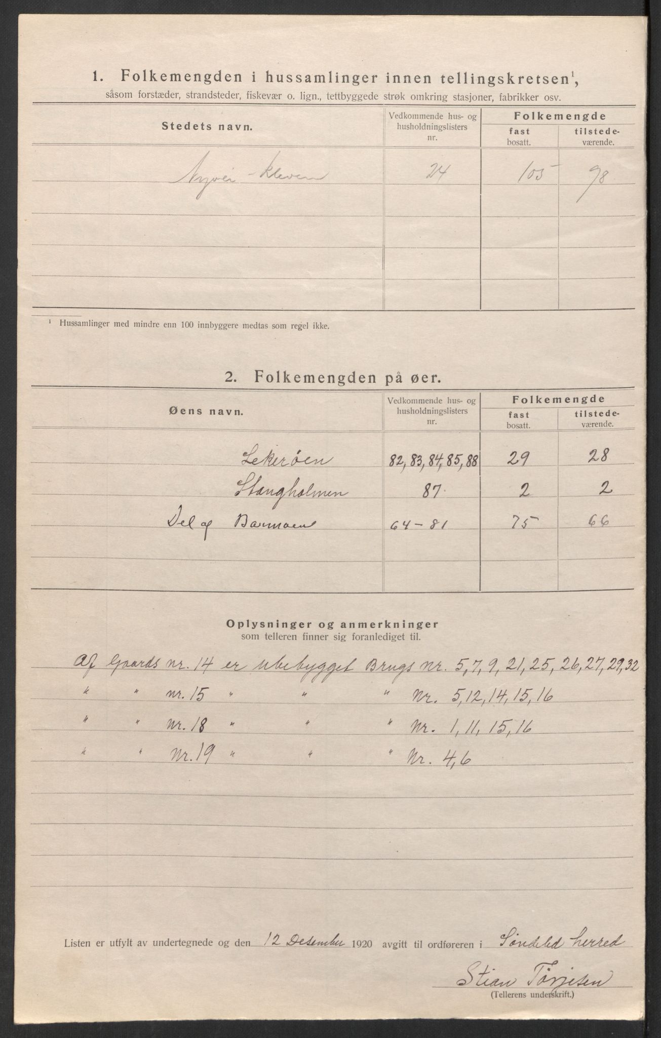 SAK, Folketelling 1920 for 0913 Søndeled herred, 1920, s. 20