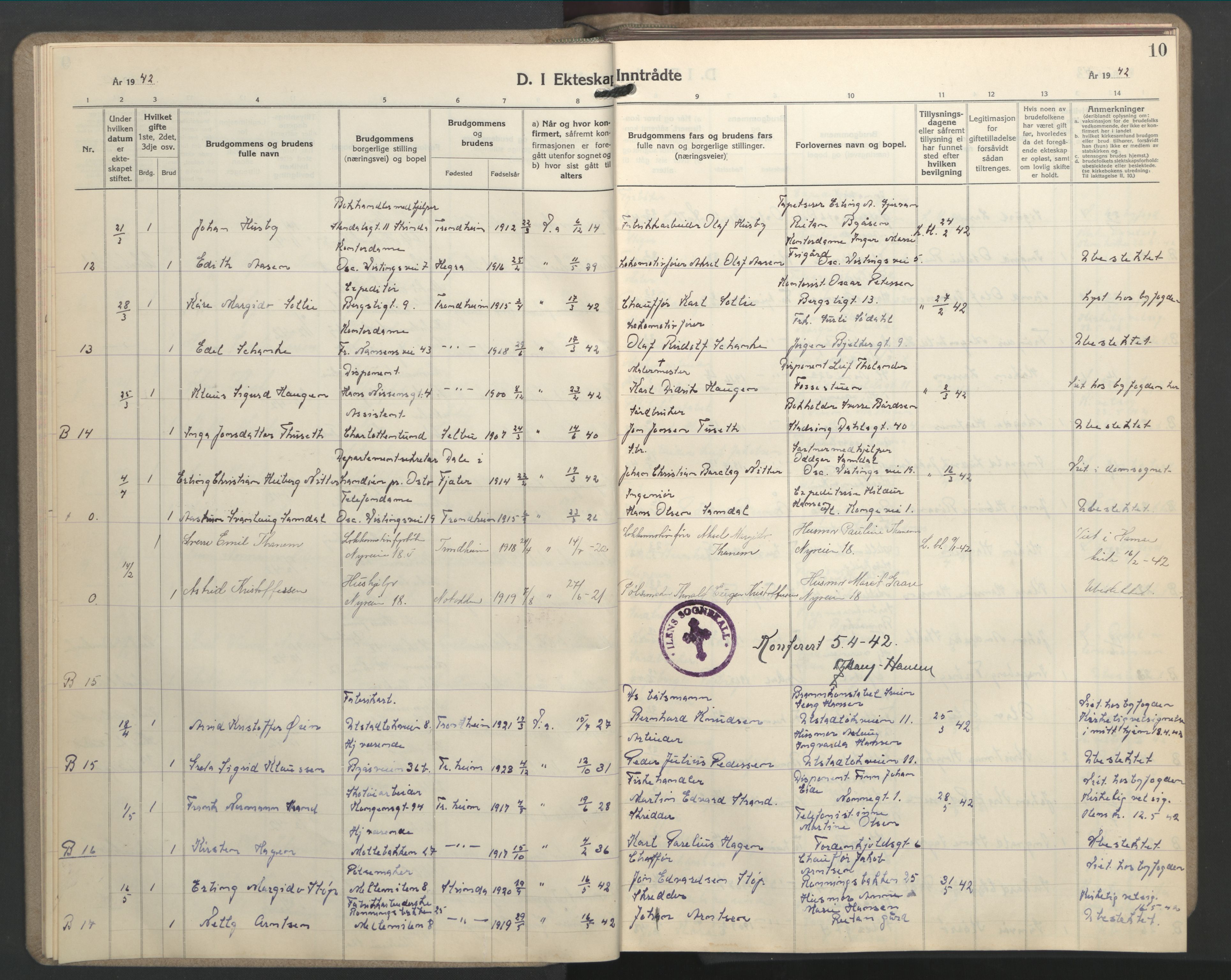 Ministerialprotokoller, klokkerbøker og fødselsregistre - Sør-Trøndelag, AV/SAT-A-1456/603/L0177: Klokkerbok nr. 603C05, 1941-1952, s. 10