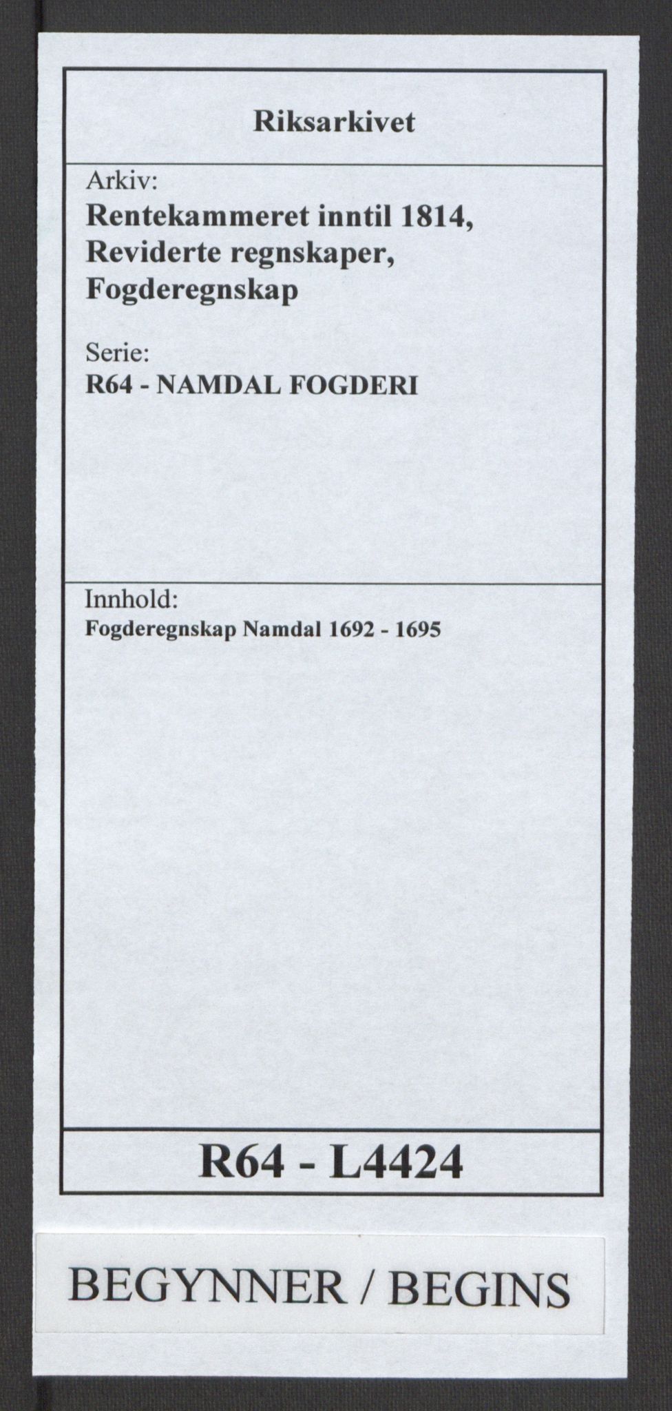 Rentekammeret inntil 1814, Reviderte regnskaper, Fogderegnskap, RA/EA-4092/R64/L4424: Fogderegnskap Namdal, 1692-1695, s. 1