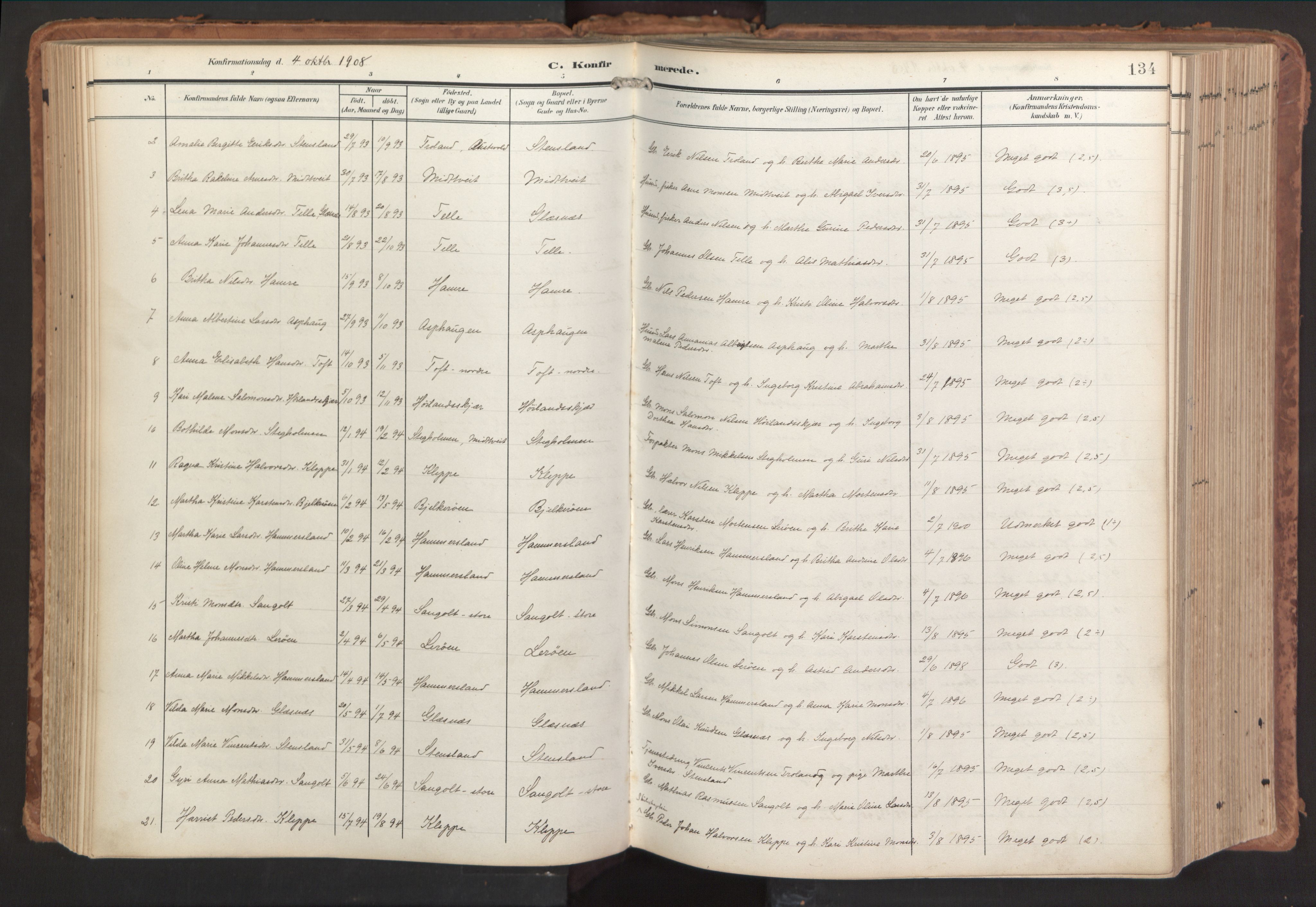Sund sokneprestembete, AV/SAB-A-99930: Ministerialbok nr. B 2, 1907-1926, s. 134