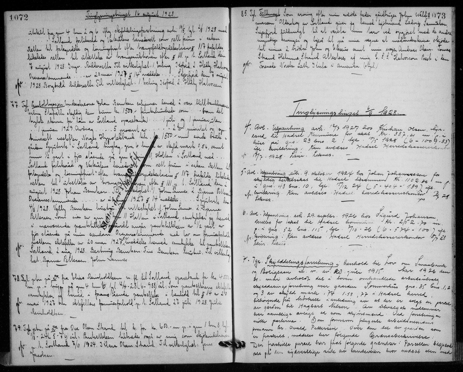 Vesterålen sorenskriveri, SAT/A-4180/1/2/2Ca/L0041: Pantebok nr. 6, 1925-1928, s. 1072-1073, Tingl.dato: 06.09.1928