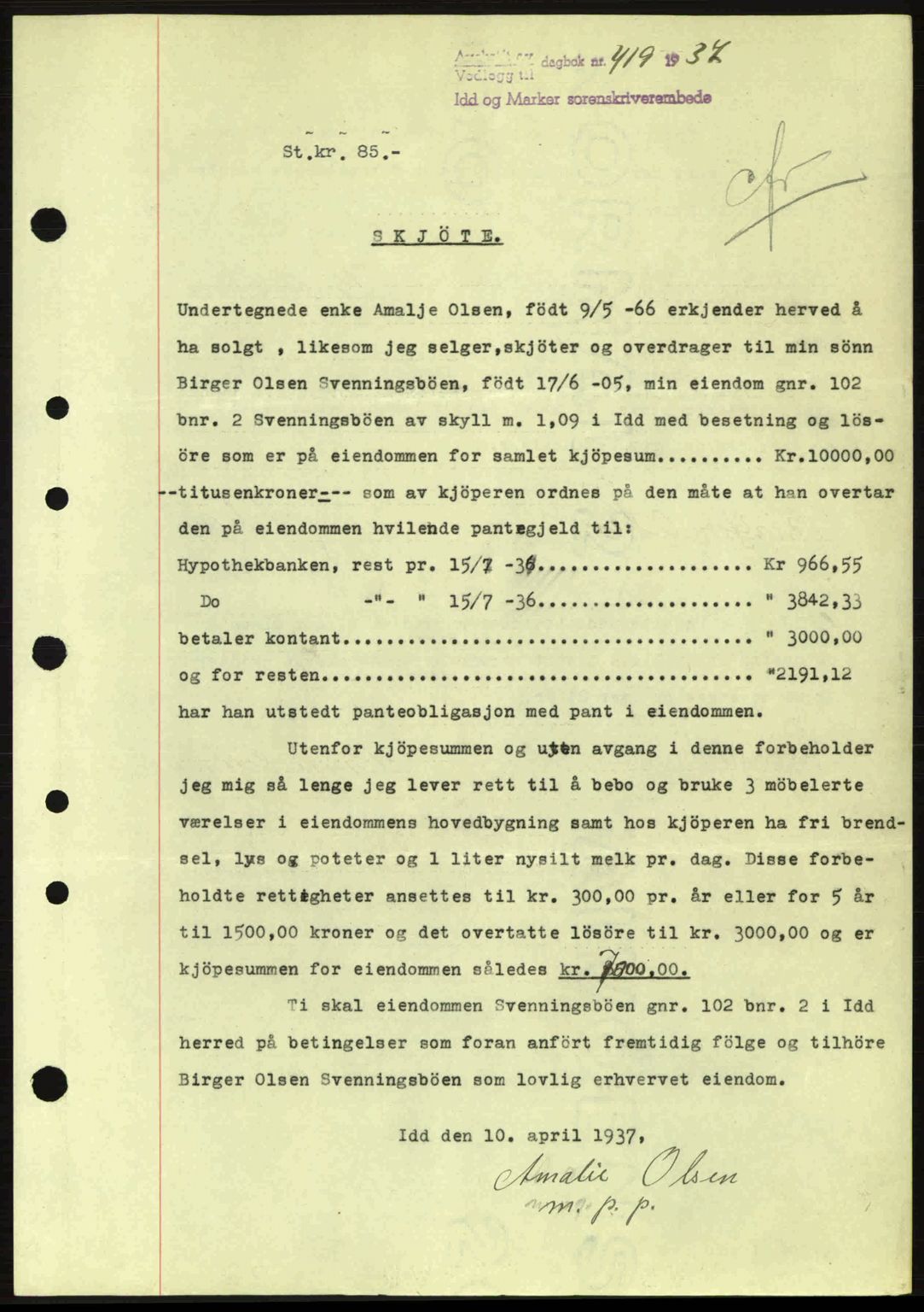 Idd og Marker sorenskriveri, AV/SAO-A-10283/G/Gb/Gbb/L0001: Pantebok nr. A1, 1936-1937, Dagboknr: 419/1937