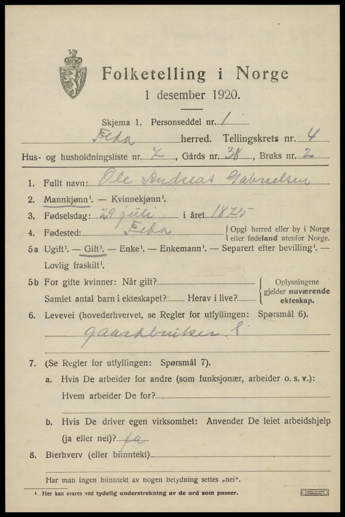 SAK, Folketelling 1920 for 1038 Feda herred, 1920, s. 1881