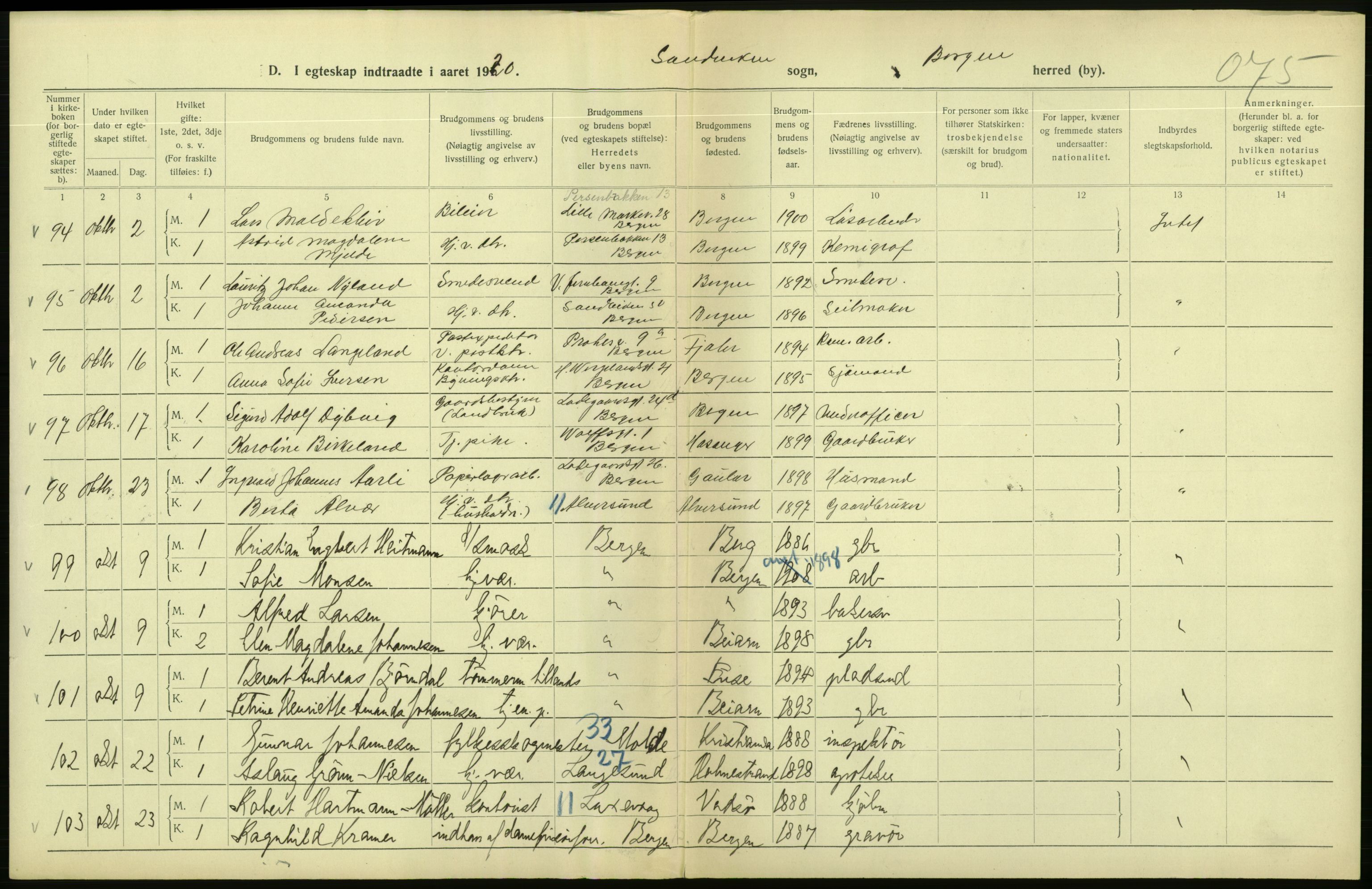 Statistisk sentralbyrå, Sosiodemografiske emner, Befolkning, AV/RA-S-2228/D/Df/Dfb/Dfbj/L0042: Bergen: Gifte, døde, dødfødte., 1920, s. 64