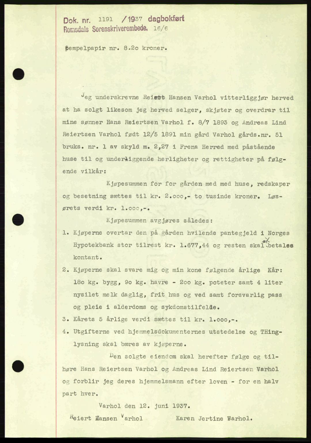 Romsdal sorenskriveri, SAT/A-4149/1/2/2C: Pantebok nr. A3, 1937-1937, Dagboknr: 1191/1937