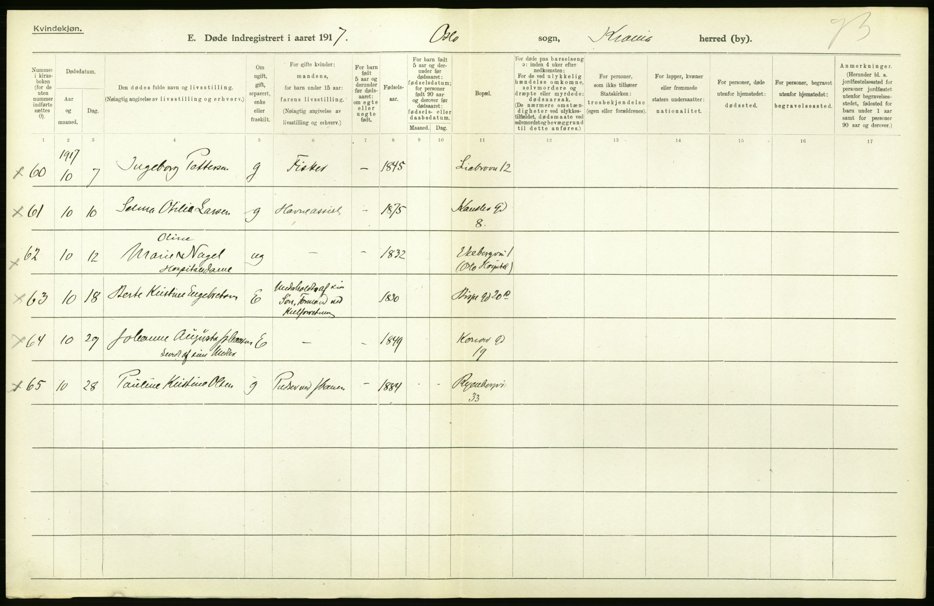 Statistisk sentralbyrå, Sosiodemografiske emner, Befolkning, RA/S-2228/D/Df/Dfb/Dfbg/L0011: Kristiania: Døde, dødfødte., 1917, s. 170