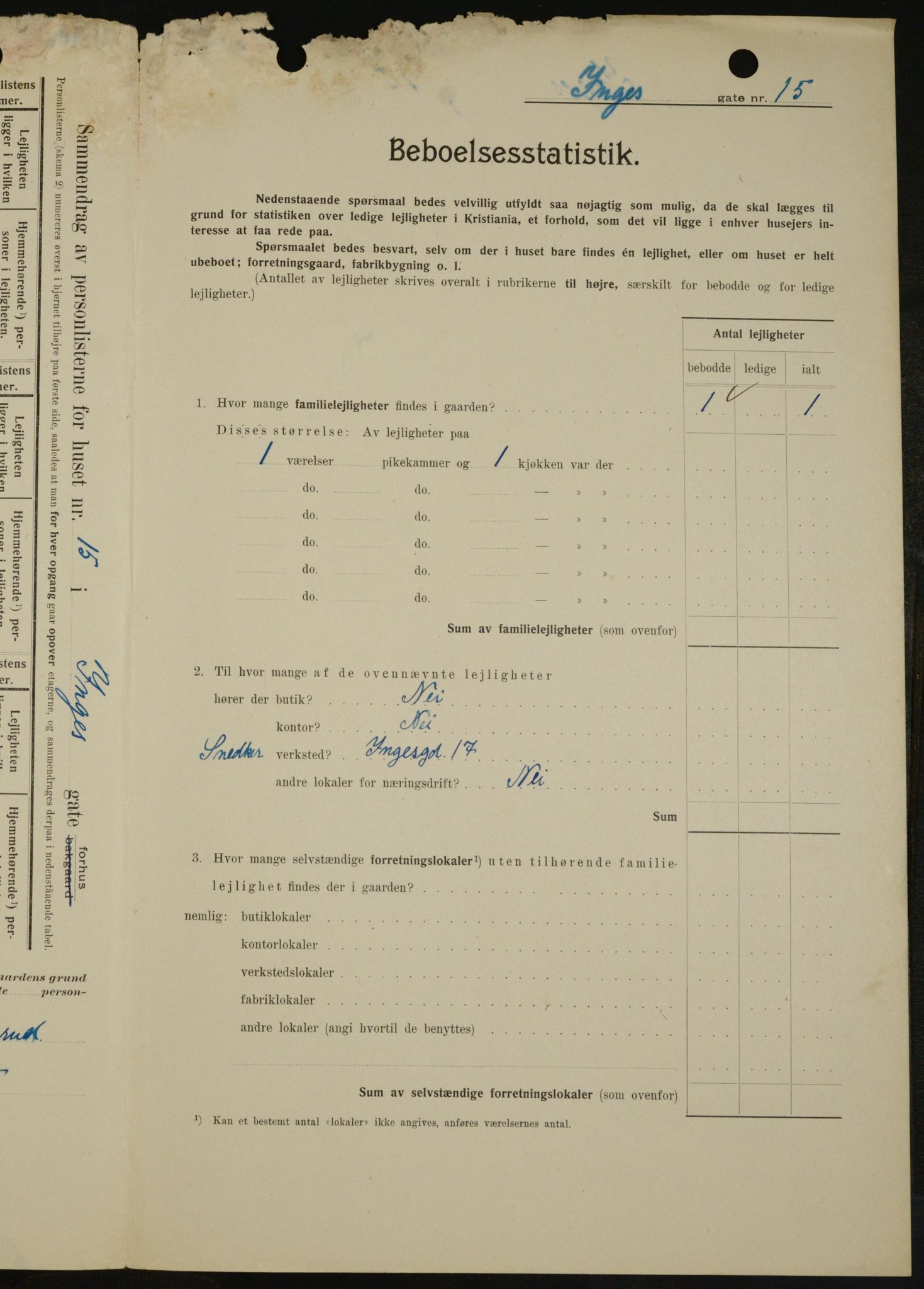 OBA, Kommunal folketelling 1.2.1909 for Kristiania kjøpstad, 1909, s. 40199