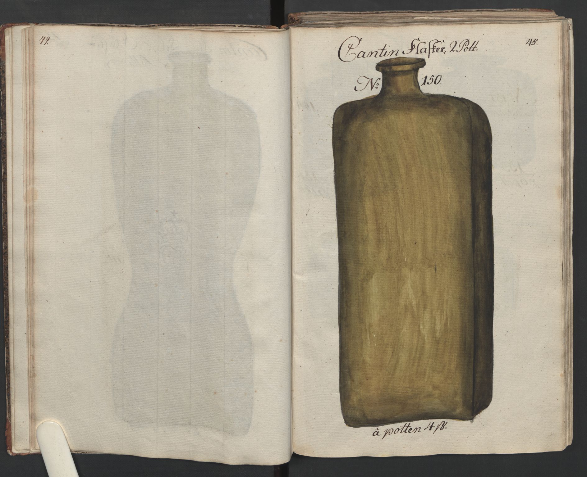 Glassverk, samlinger, AV/RA-PA-0001/F/Fa/L0036: Modellbok for Nøstetangens og Aas' produkter med prisangivelse,, 1763, s. 44-45