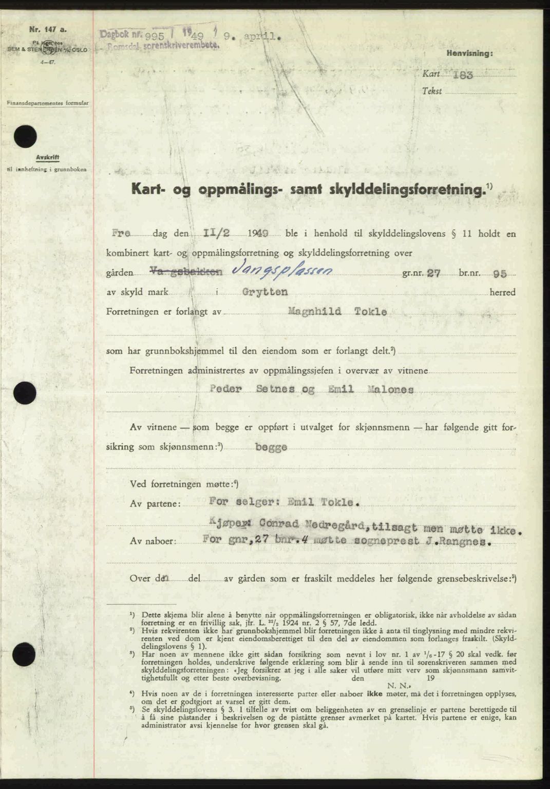 Romsdal sorenskriveri, SAT/A-4149/1/2/2C: Pantebok nr. A29, 1949-1949, Dagboknr: 995/1949