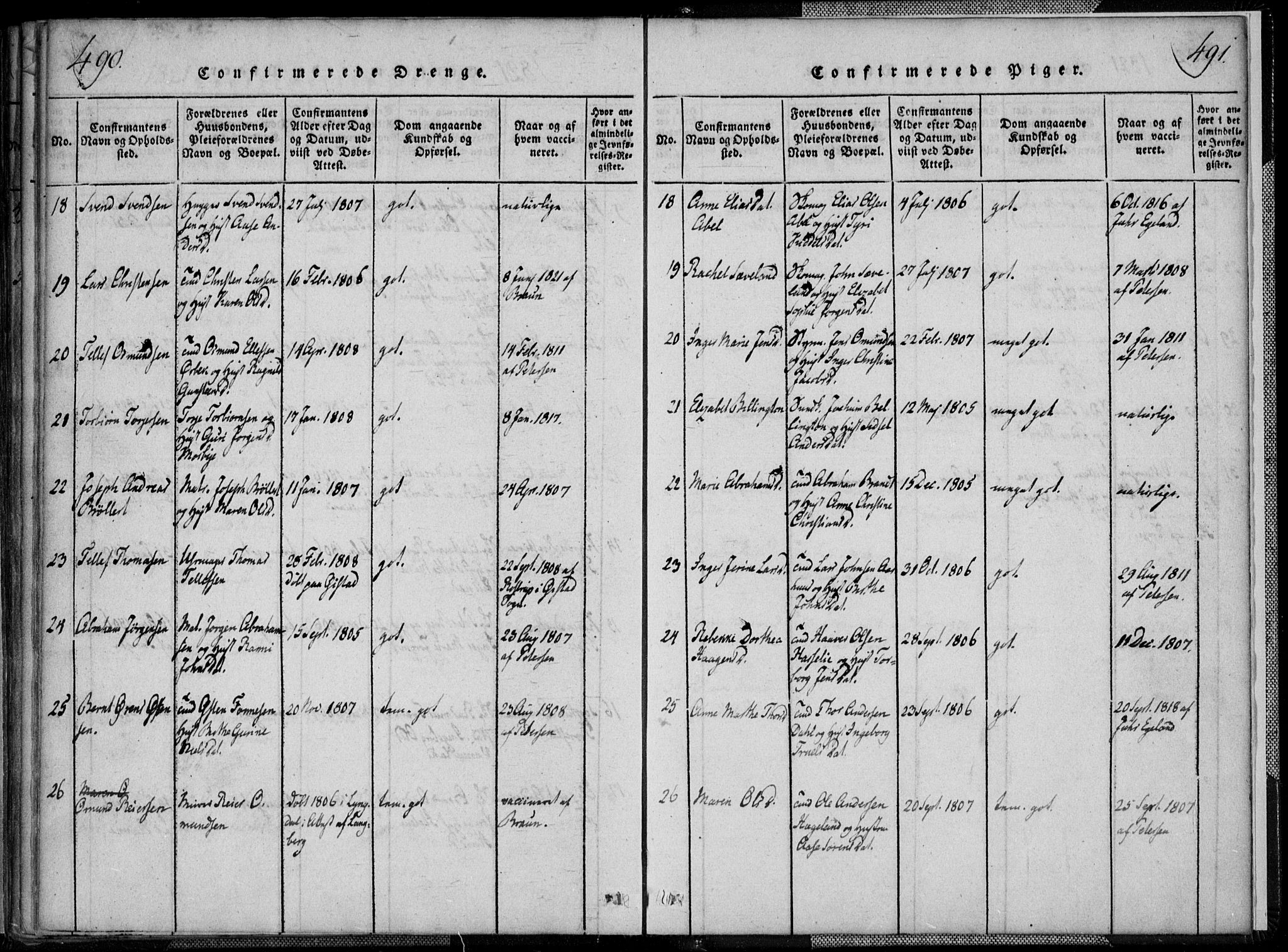 Kristiansand domprosti, AV/SAK-1112-0006/F/Fa/L0008: Ministerialbok nr. A 8, 1818-1821, s. 490-491