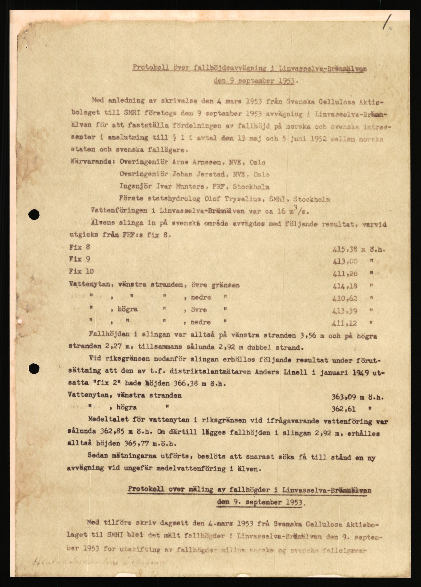 Vassdragsdirektoratet/avdelingen, RA/S-6242/F/Fa/L0571/0003: Limingen / Utbygging av Linnvasselva – Brännälven 1953, med nokre få dokument frå 1963 , 1953-1963, s. 1