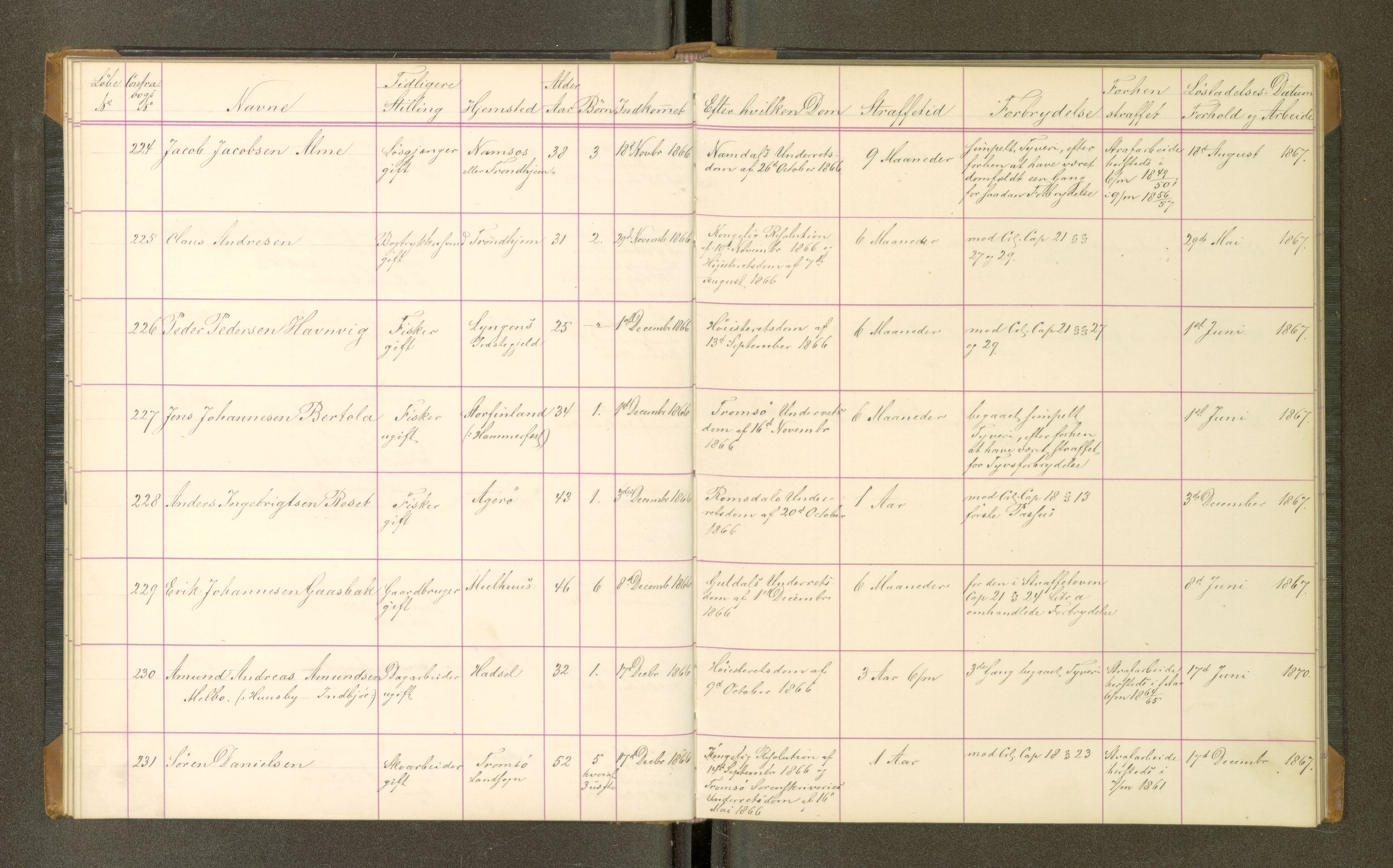 Trondheim tukthus, SAT/A-4619/05/65/L0022: 65.22 Fangeprotokoll, 1866