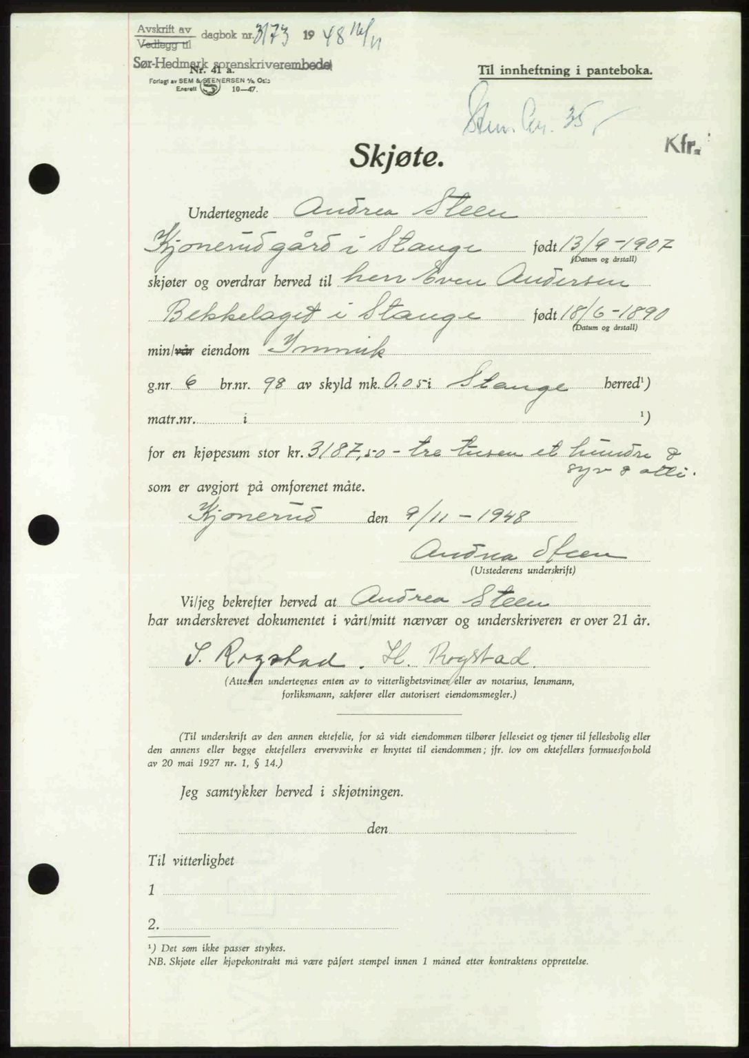 Sør-Hedmark sorenskriveri, SAH/TING-014/H/Hb/Hbd/L0018: Pantebok nr. 18, 1948-1949, Dagboknr: 3173/1948
