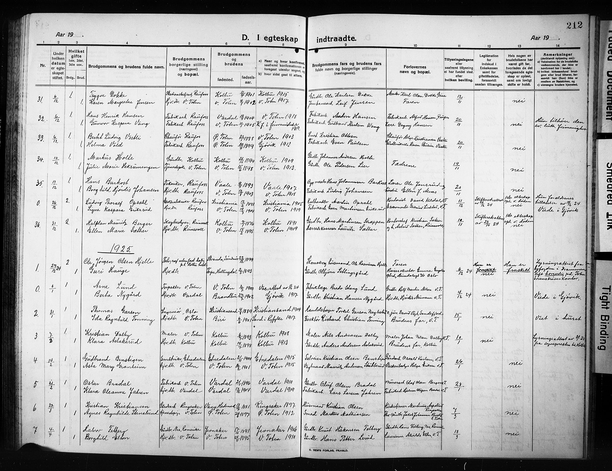 Vestre Toten prestekontor, AV/SAH-PREST-108/H/Ha/Hab/L0012: Klokkerbok nr. 12, 1909-1928, s. 212