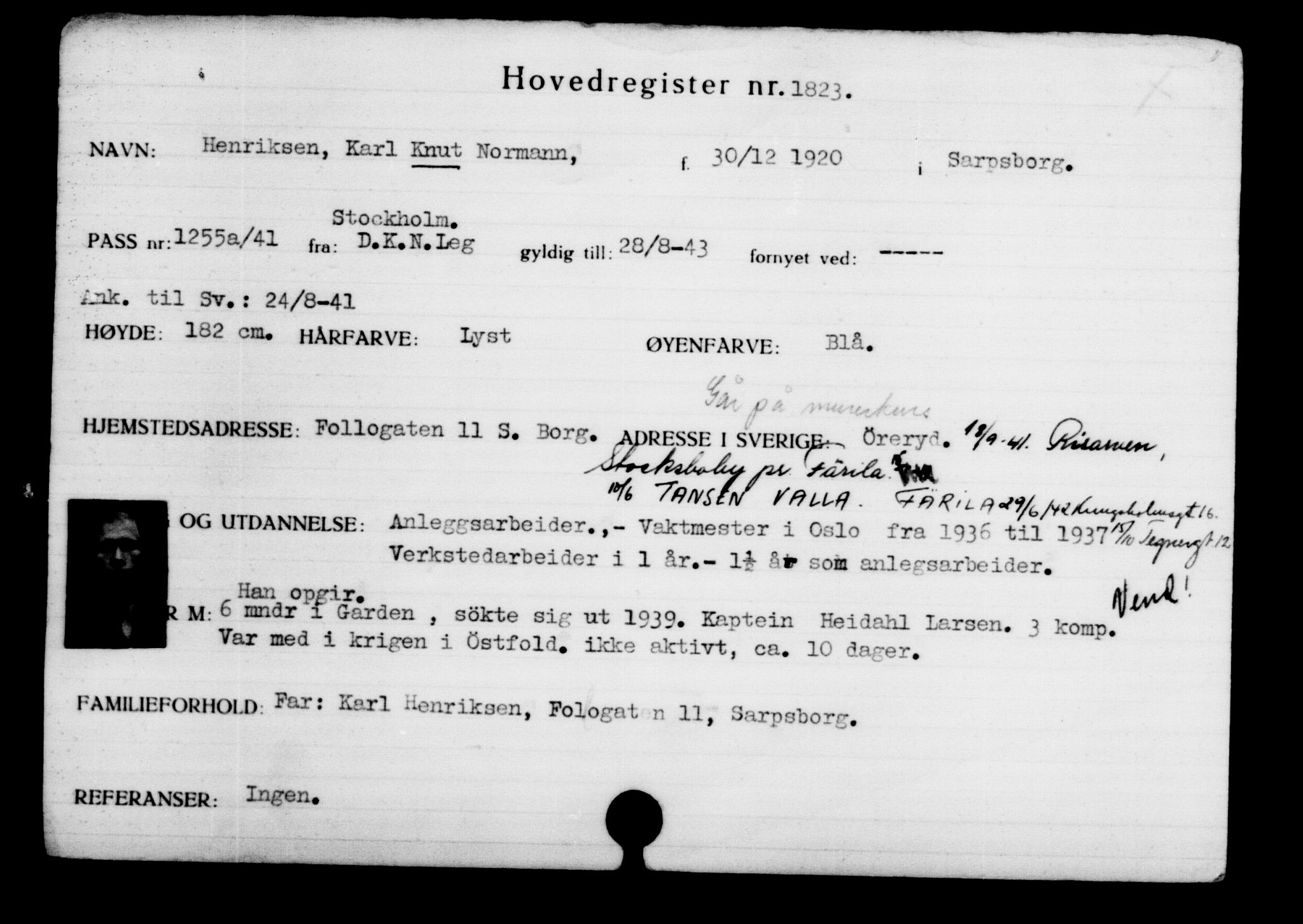 Utenriksstasjonene, Legasjonen i Stockholm, Flyktningkontoret, AV/RA-S-6753/V/Va/L0002: Kjesäterkartoteket, flyktninger med registreringsnr. 1001-2000, 1940-1945, s. 1175