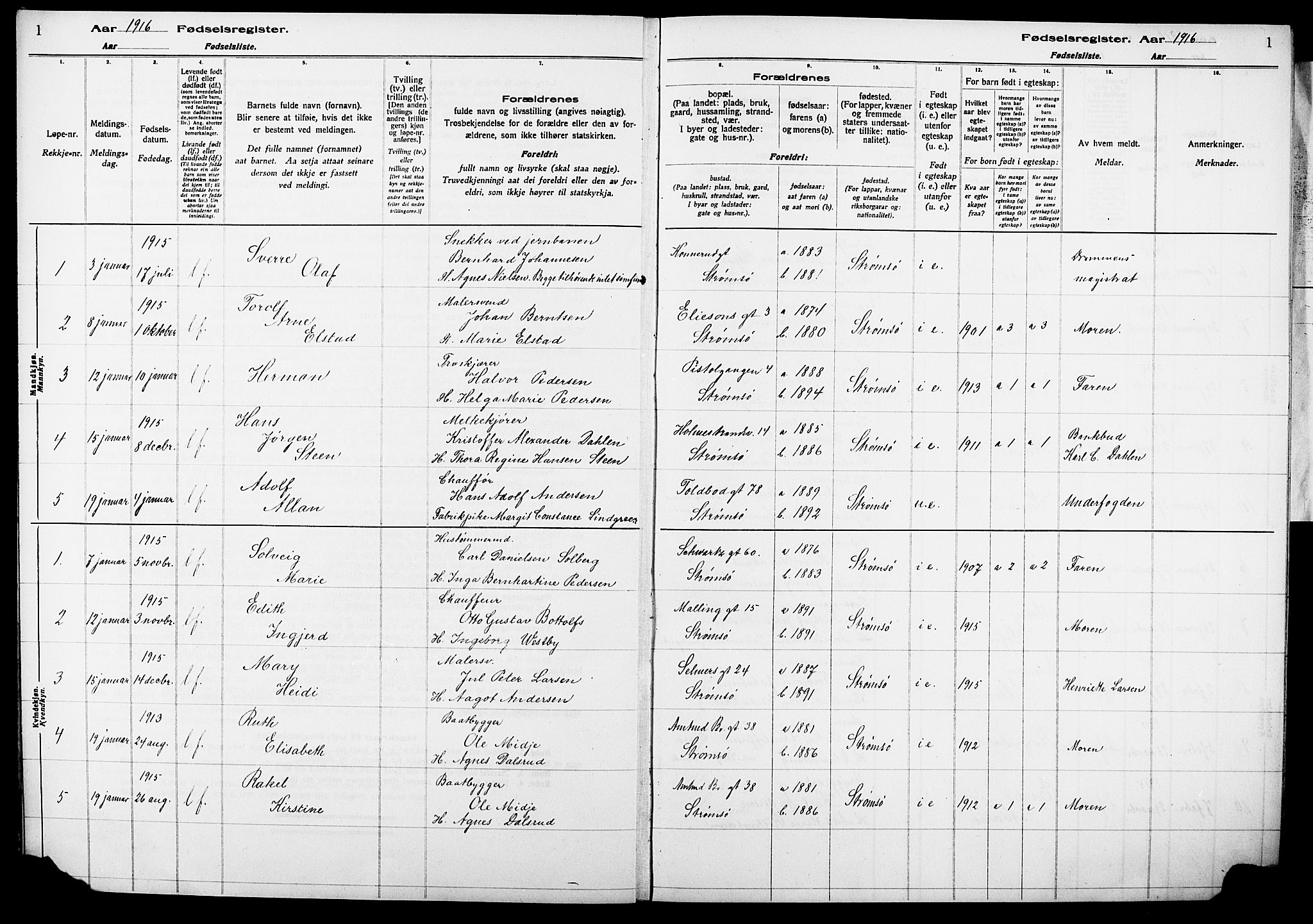 Strømsø kirkebøker, SAKO/A-246/J/Ja/L0001: Fødselsregister nr. 1, 1916-1925, s. 1