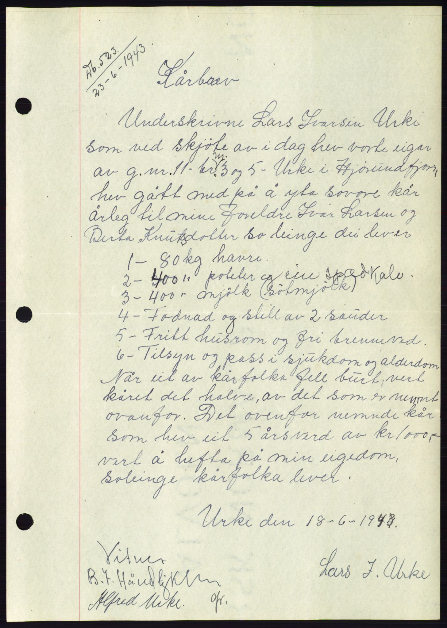 Søre Sunnmøre sorenskriveri, AV/SAT-A-4122/1/2/2C/L0114: Pantebok nr. 1-2B, 1943-1947, Dagboknr: 523/1943