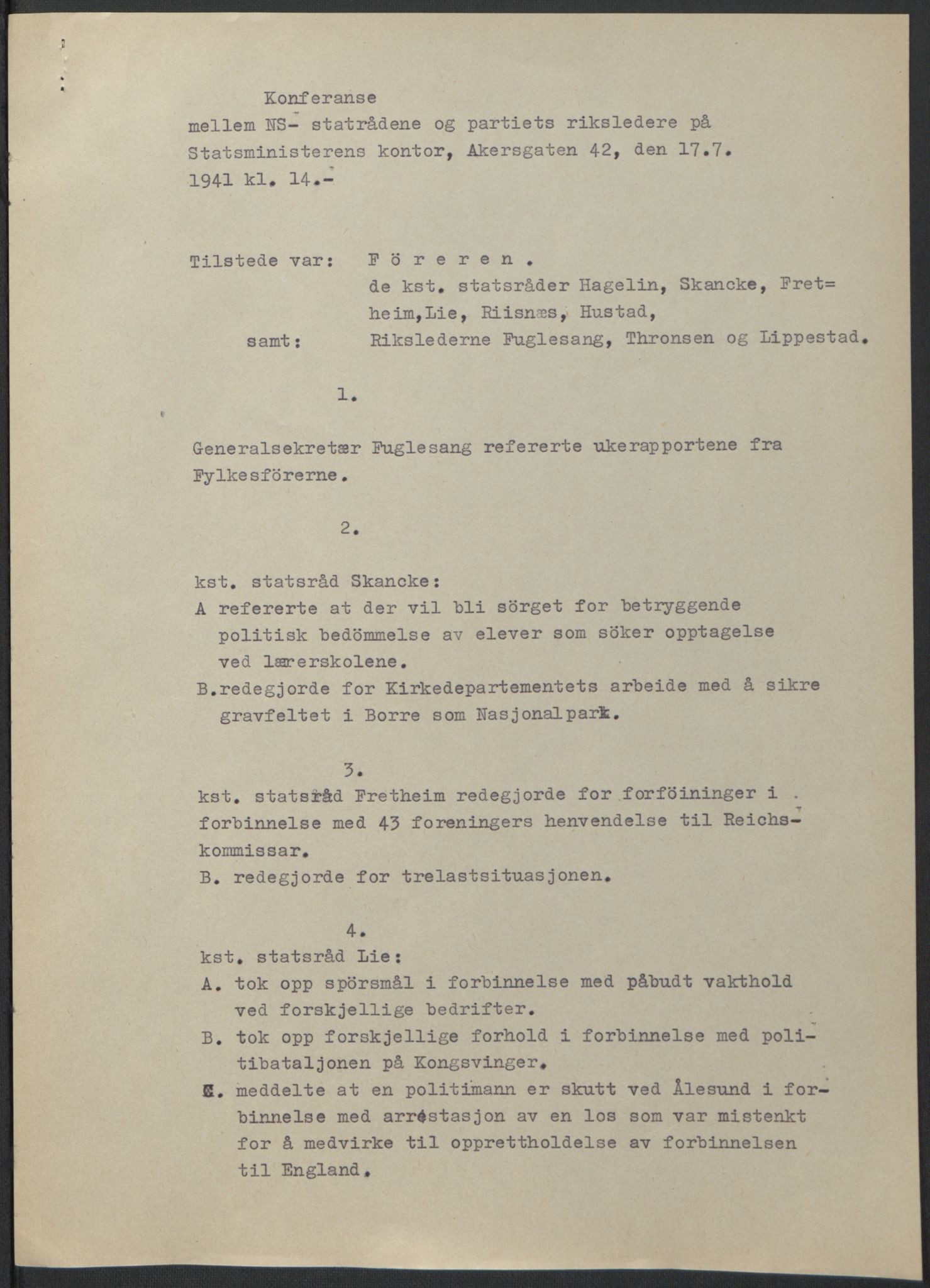 NS-administrasjonen 1940-1945 (Statsrådsekretariatet, de kommisariske statsråder mm), AV/RA-S-4279/D/Db/L0074: De kommisariske statsråder, 1940-1942