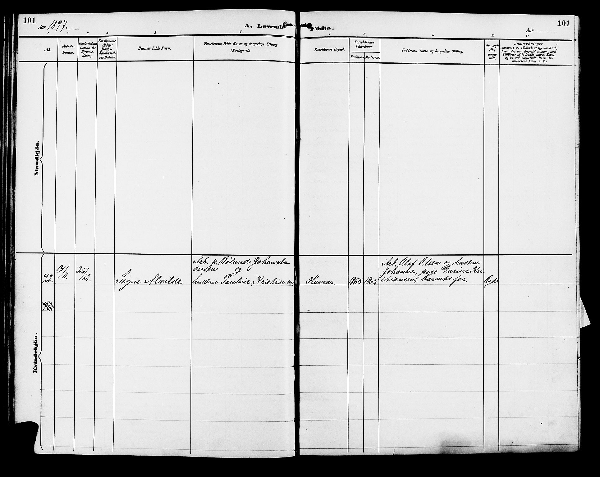 Vang prestekontor, Hedmark, SAH/PREST-008/H/Ha/Hab/L0013: Klokkerbok nr. 13, 1890-1899, s. 101