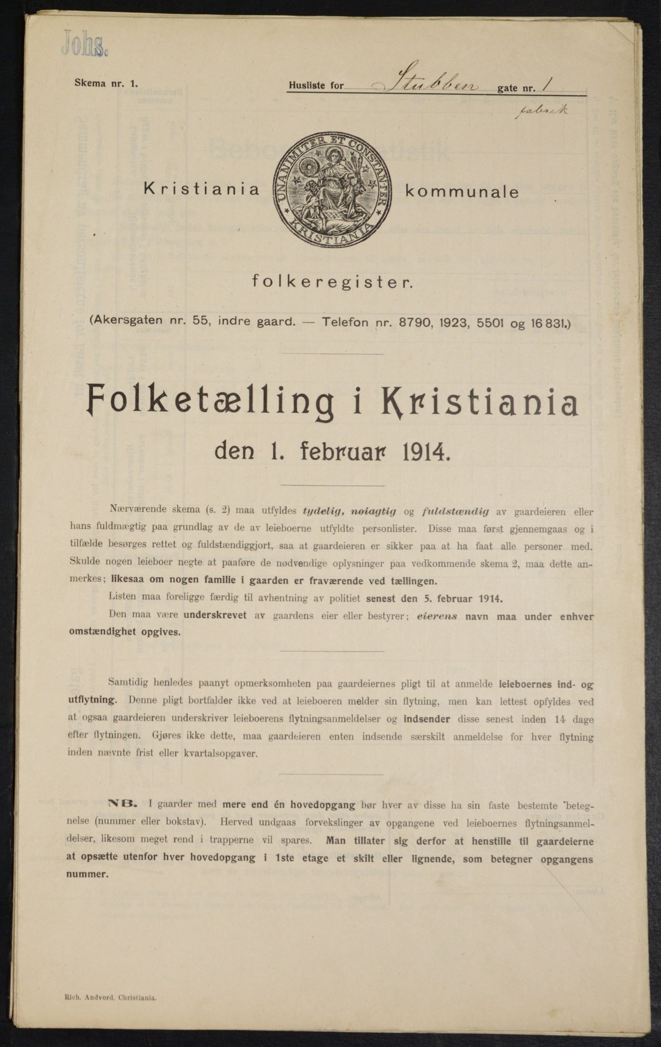 OBA, Kommunal folketelling 1.2.1914 for Kristiania, 1914, s. 105121
