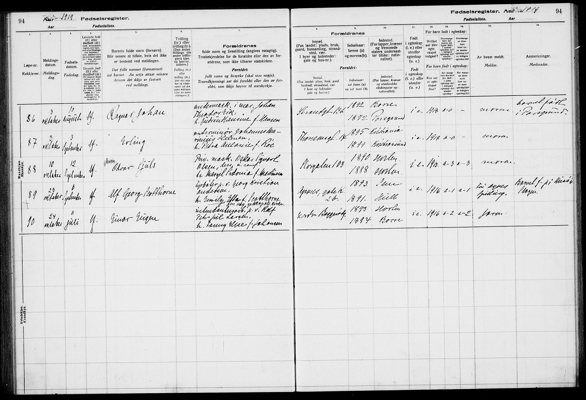 Horten kirkebøker, AV/SAKO-A-348/J/Ja/L0001: Fødselsregister nr. 1, 1916-1923, s. 94