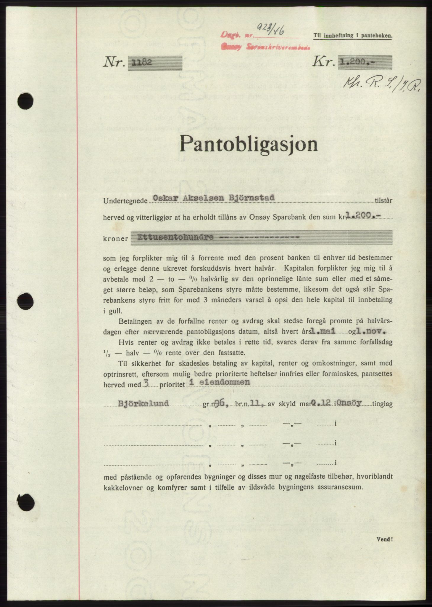 Onsøy sorenskriveri, SAO/A-10474/G/Ga/Gac/L0005: Pantebok nr. B 9-5, 1946-1947, Dagboknr: 923/1946