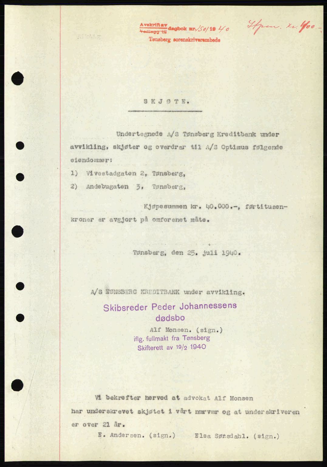 Tønsberg sorenskriveri, AV/SAKO-A-130/G/Ga/Gaa/L0009: Pantebok nr. A9, 1940-1941, Dagboknr: 1501/1940