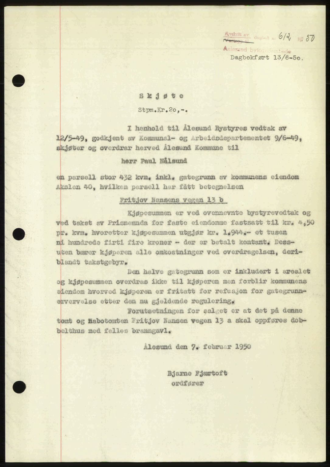 Ålesund byfogd, AV/SAT-A-4384: Pantebok nr. 37A (2), 1949-1950, Dagboknr: 612/1950